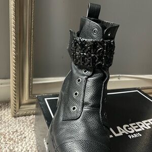 Karl Lagerfeld Black Textured Moto combat boots with textured jewel details